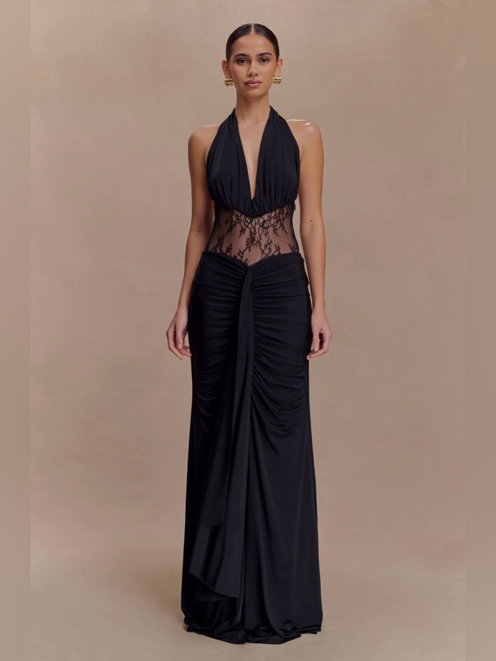 MESHKI Black Bonnie Slinky & Lace Maxi Dress